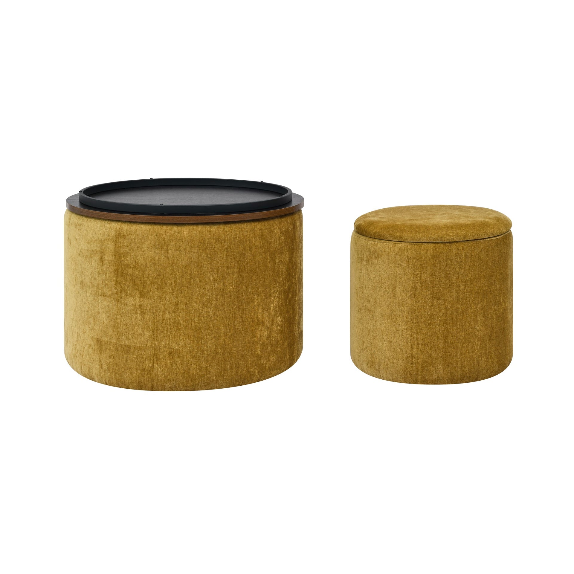 2-Piece Round Chenille Storage Ottoman Set with Drum Stool and MDF Desktop Panel