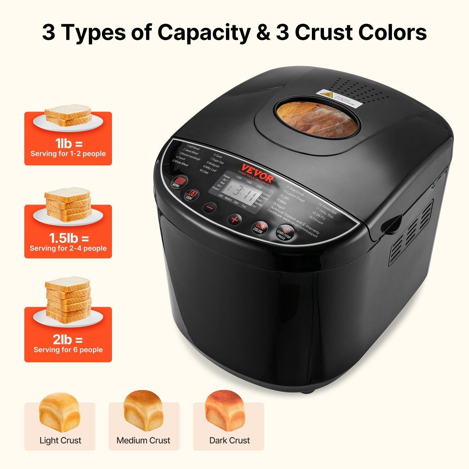 2LB 19-in-1 Bread Maker Automatic Compact Dough Machine Nonstick 3 Crust Colors
