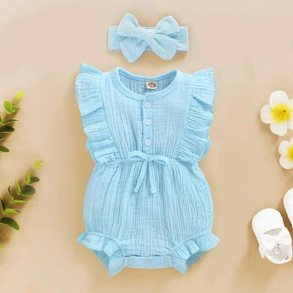 2Pc Summer Newborn Baby Girls Romper Headband Ruffles Sleeveless Clothes - Ruffle Romper Baby girl clothes