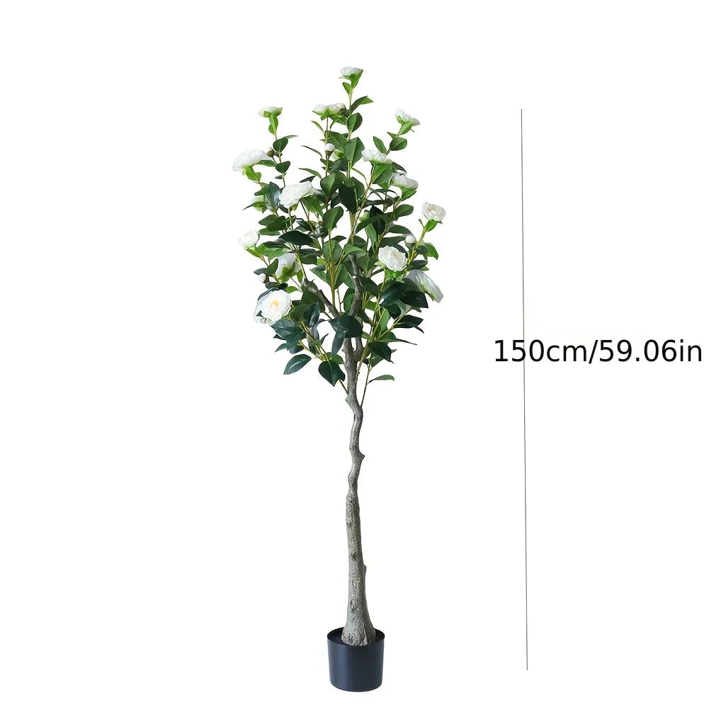 2pcs Artificial Camellia Tree with Realistic Trunk, Leaves, Flowers & Planter - 149.35cm/179.83cm Indoor Fake Plants with Lifelike Blooms, High-Quality Plastic & Steel Wire Construction, No Maintenance Required, Year-Round Ho