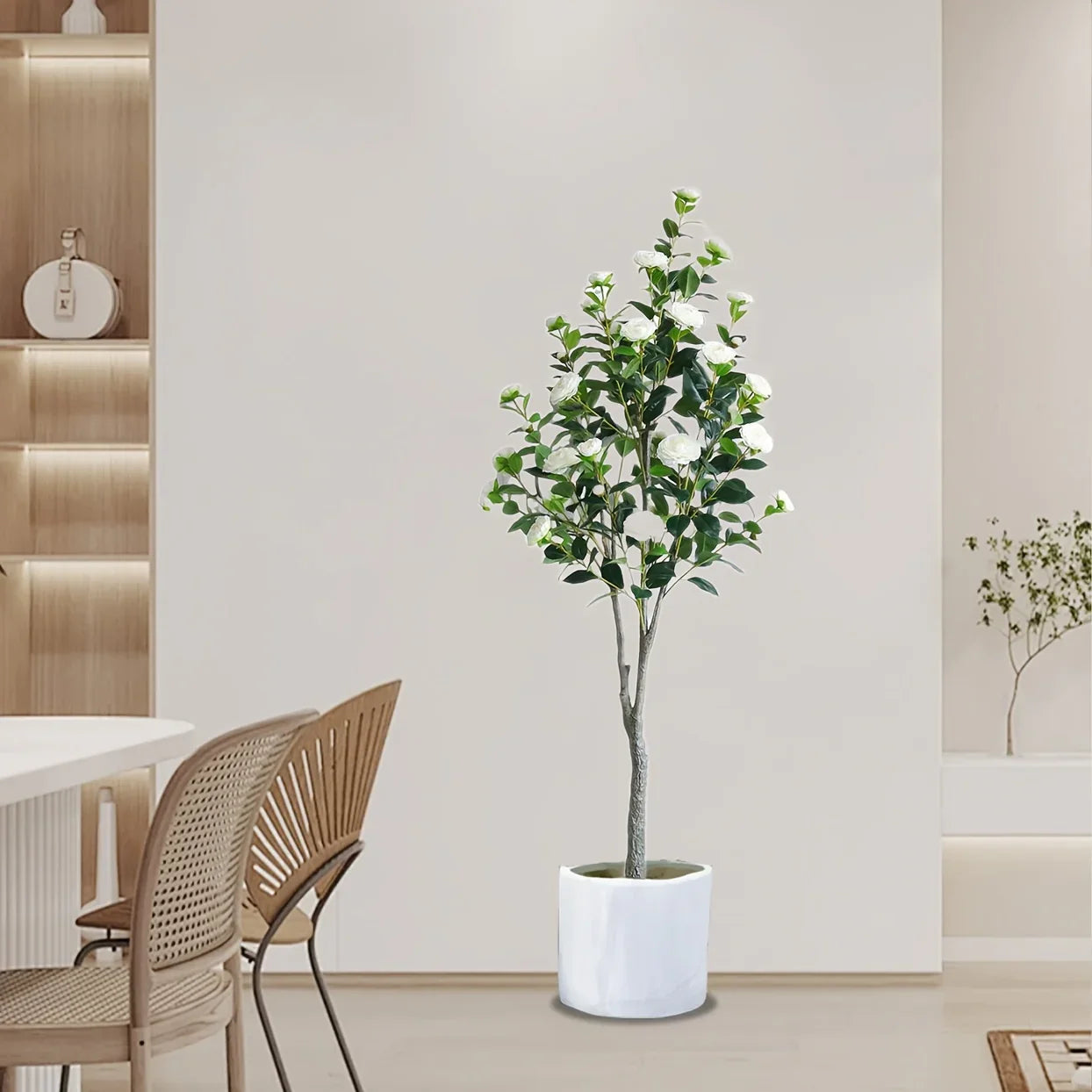 2pcs Artificial Camellia Tree with Realistic Trunk, Leaves, Flowers & Planter - 149.35cm/179.83cm Indoor Fake Plants with Lifelike Blooms, High-Quality Plastic & Steel Wire Construction, No Maintenance Required, Year-Round Ho
