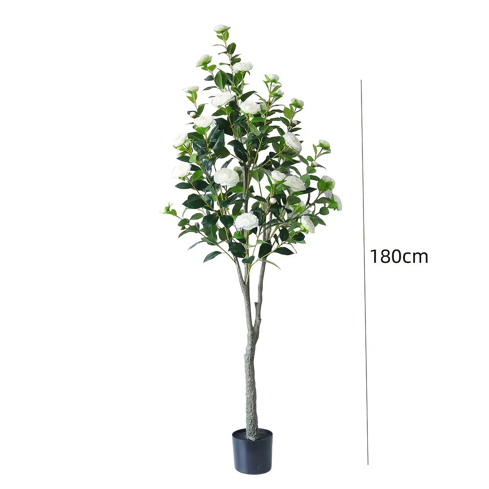 2pcs Artificial Camellia Tree with Realistic Trunk, Leaves, Flowers & Planter - 149.35cm/179.83cm Indoor Fake Plants with Lifelike Blooms, High-Quality Plastic & Steel Wire Construction, No Maintenance Required, Year-Round Ho