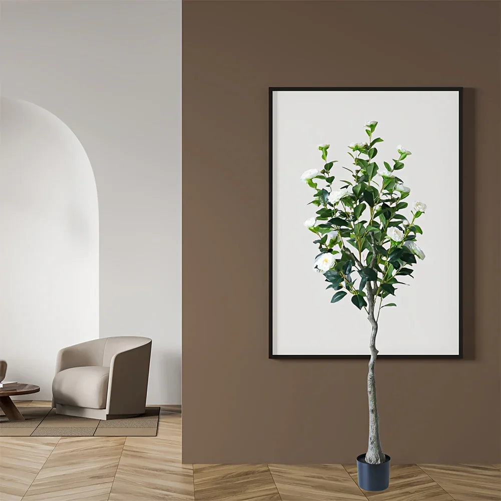 2pcs Artificial Camellia Tree with Realistic Trunk, Leaves, Flowers & Planter - 149.35cm/179.83cm Indoor Fake Plants with Lifelike Blooms, High-Quality Plastic & Steel Wire Construction, No Maintenance Required, Year-Round Ho