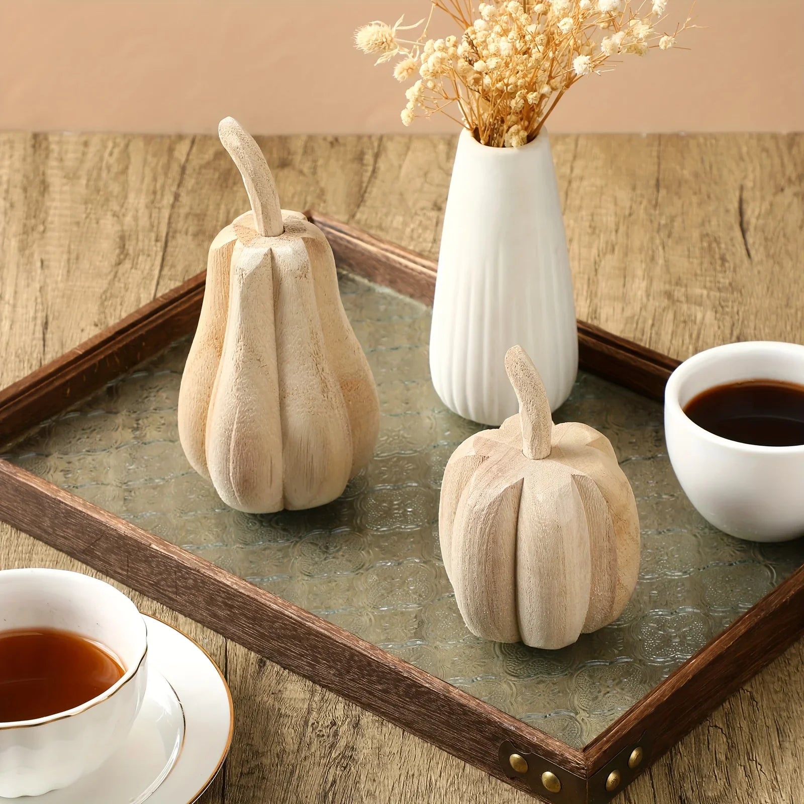 2pcs Hand-Carved Paulownia Wood Pumpkins - 6.5