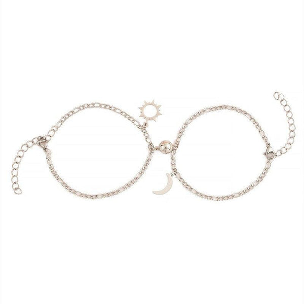 2pcs / Set Elegant Stainless Steel Sun Moon Couple Bracelet Magnet Attracts Jewelry Magnetic Couple Bracelets Set Sliver Chain Bracelet Luxury Heart Bracelet Promise Couples Bracelets For Women Men