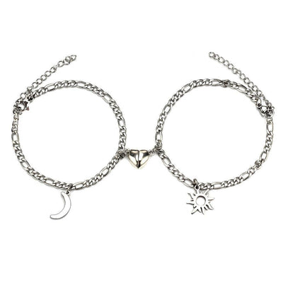 2pcs/set Stainless Steel Sun Moon Couple Bracelets Magnet Attraction Love Heart Shaped Charms Couples Bracelet Stainless Steel Chain Bracelets Charm Jewelry Matching Couple Bracelets