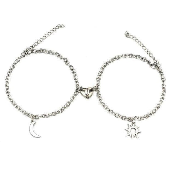 2pcs/set Stainless Steel Sun Moon Couple Bracelets Magnet Attraction Love Heart Shaped Charms Couples Bracelet Stainless Steel Chain Bracelets Charm Jewelry Matching Couple Bracelets