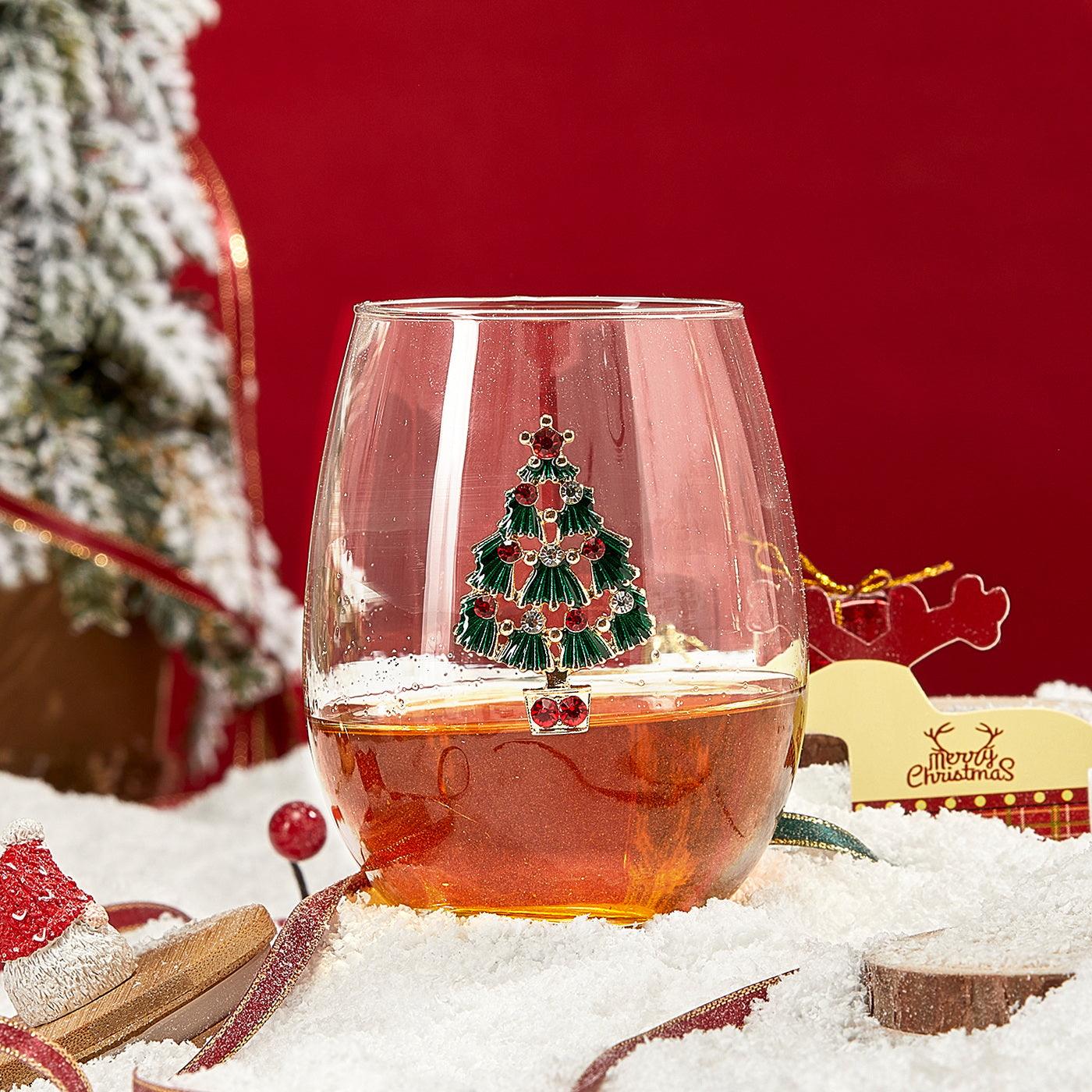 Stemless Christmas Tree Wine Glasses - Set of 2 - Christmas Cheer for Holiday Gift and Winter Season - 18 oz Stemless Decorated Tree Ornament Wine Tumblers for Holiday Season and Winter 4.7