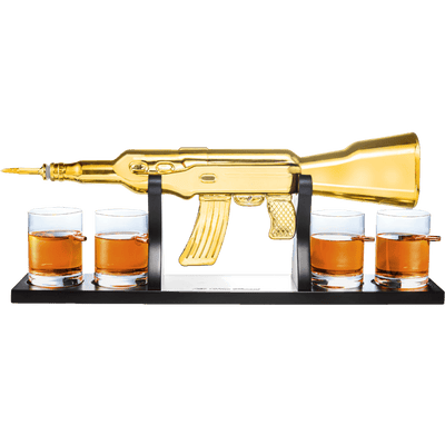 AK Gold Whiskey Decanter Set With 4 Bullet Whiskey Glasses - The Wine Savant, Gift For Fathers, Uncles, Sons - Veteran Gifts, Military Gift, Home Bar Gift, Father's Day