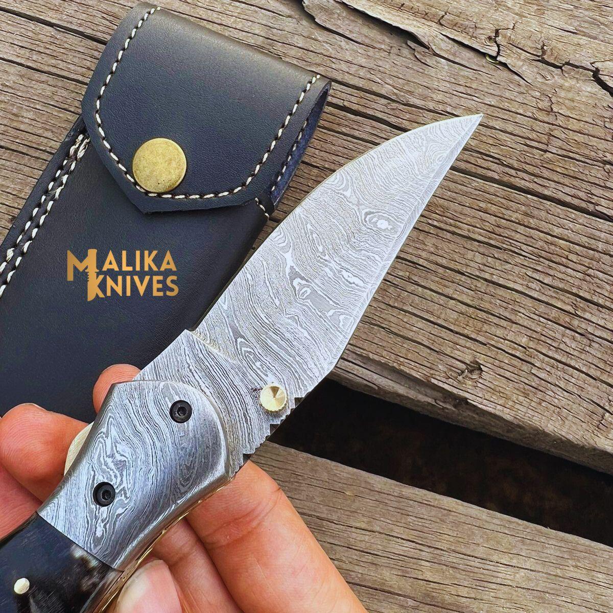 Custom Handmade Folding knife with Ram horn handle-0803