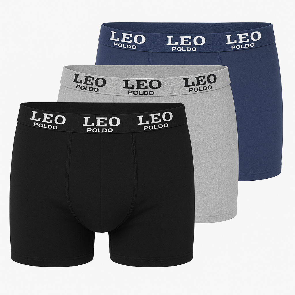 3-Pack LEO Poldo Men’s Performance Boxer Briefs – Breathable 100% Cotton Stretch Boxer Briefs with Comfort Waistband – Black, Gray, Navy