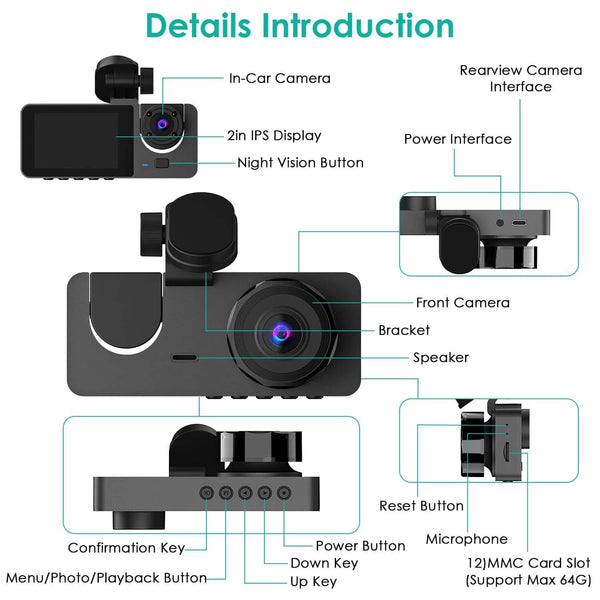 3 Channel Dash Cam Front Inside Rear Vehicle Driving Recorder Car DVR