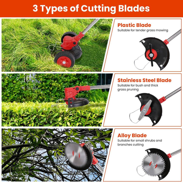 3-in-1 Electric Cordless Grass Wacker Battery Powered Grass Trimmer with Wheels Adjustable Head with 2-Pieces 2500mAh Batteries