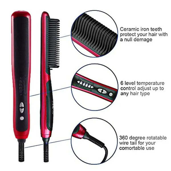 3 IN 1 Multifunctional Hair Straightener Comb Hair Black Red Straightening Brush Portable Comb Fast Heating Men Beard Straightener For Traveling Perfect Gift For Adults