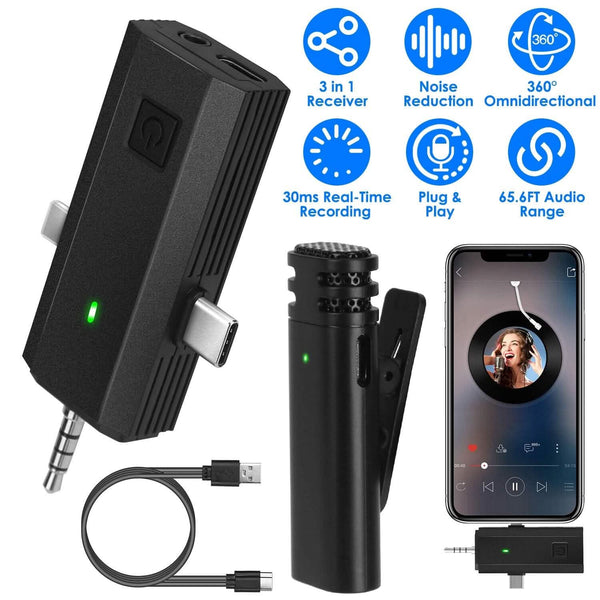 3-in-1 Wireless Clip On Microphone Omnidirectional Noise Reduction Plug