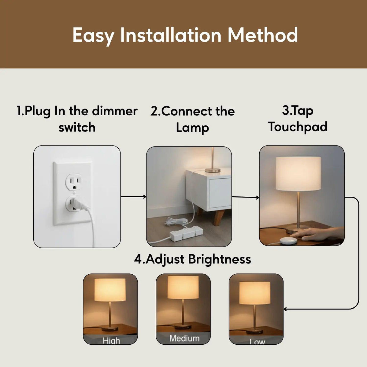 3 Level touch Light Dimmer with 3 Plug - Receptacles 120V