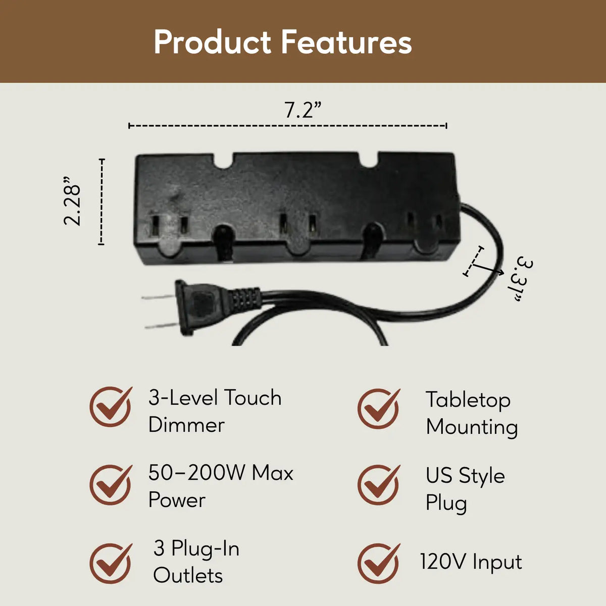 3 Level touch Light Dimmer with 3 Plug - Receptacles 120V