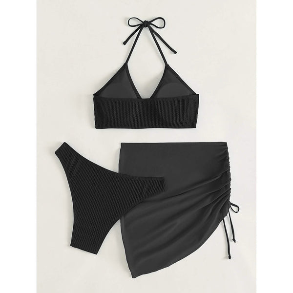 3-Pack: Textured Ring Linked Halter Bikini Swimsuit & Beach Skirt