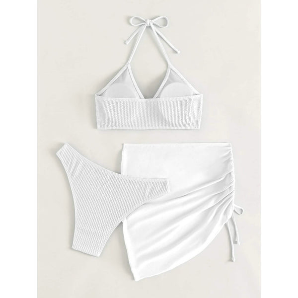 3-Pack: Textured Ring Linked Halter Bikini Swimsuit & Beach Skirt