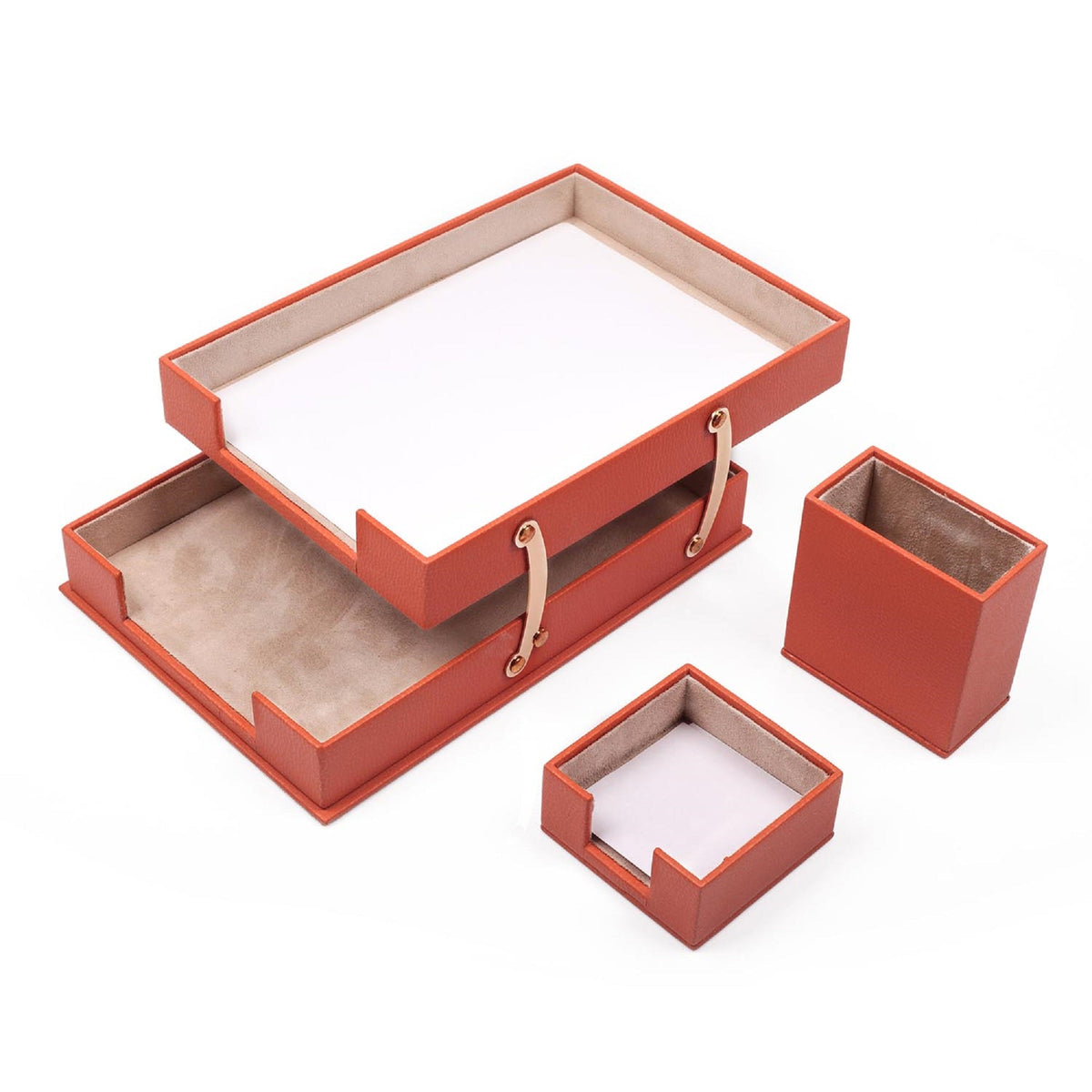 MOOG Leather Desk Set-3 Accessories-Double Document Tray - Brown - 3 PCS