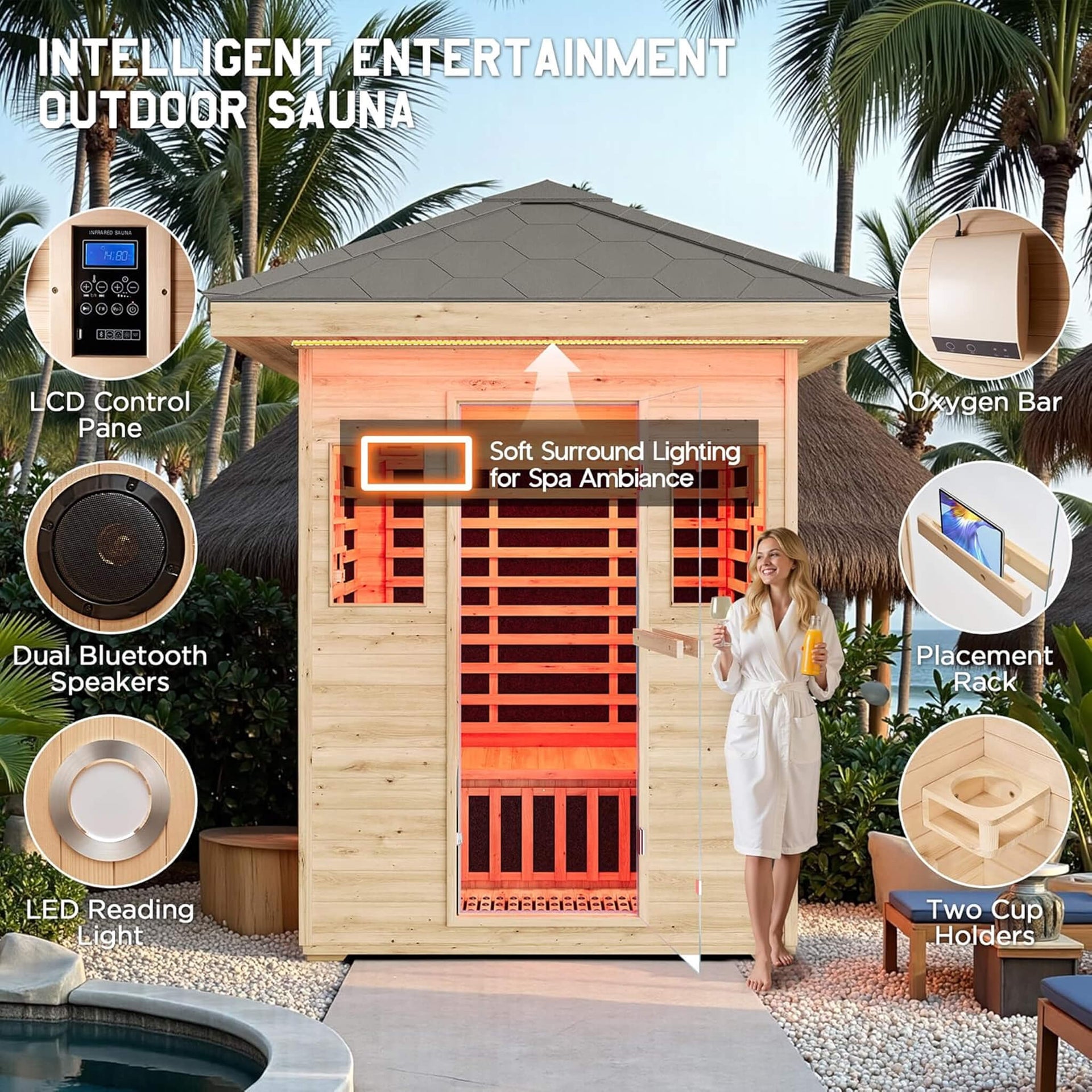 Zurich 3-Person Low EMF Spruce Wood Outdoor Infrared Sauna With Bluetooth Speakers And LED Lights (SAK59047)