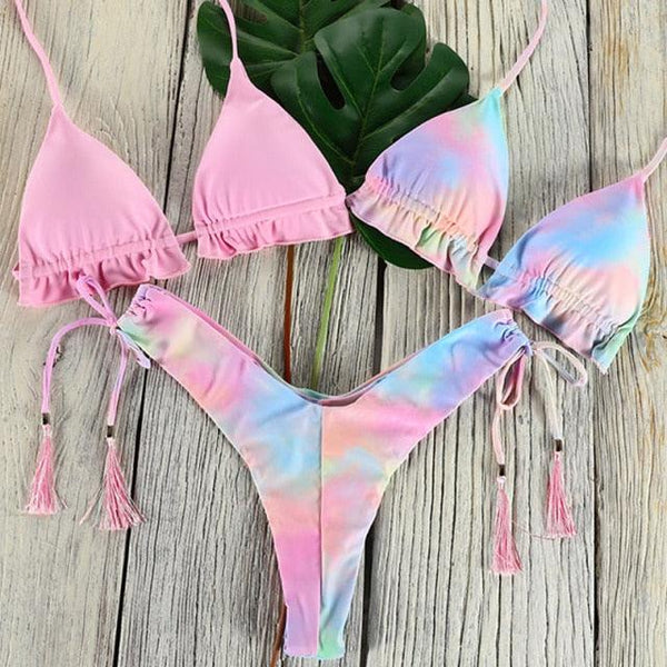 3 Piece Beautiful Pink Bikini Women Beach Outdoor Swimwear Floral Print Bikini Set Bikinis Swimsuit Women's Basic Push Up Bikini Set Textured Straps Wire Free Summer Bathing Suit