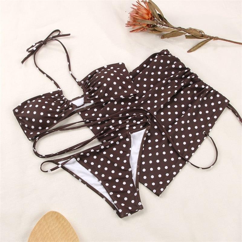 3-Piece Bikinis Suit Halter Polka Dot Swimwear Women Beachwear Women's 3 Piece Bikini Set Swimsuit Cover Ups Sheer Sarongs Beach Wrap Skirt Bathing Suit Swimsuit Female Holiday Beach Skirt Bikini Set