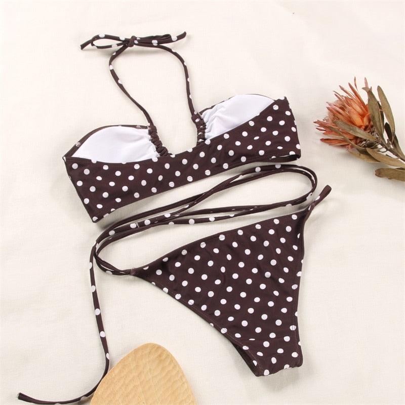 3-Piece Bikinis Suit Halter Polka Dot Swimwear Women Beachwear Women's 3 Piece Bikini Set Swimsuit Cover Ups Sheer Sarongs Beach Wrap Skirt Bathing Suit Swimsuit Female Holiday Beach Skirt Bikini Set