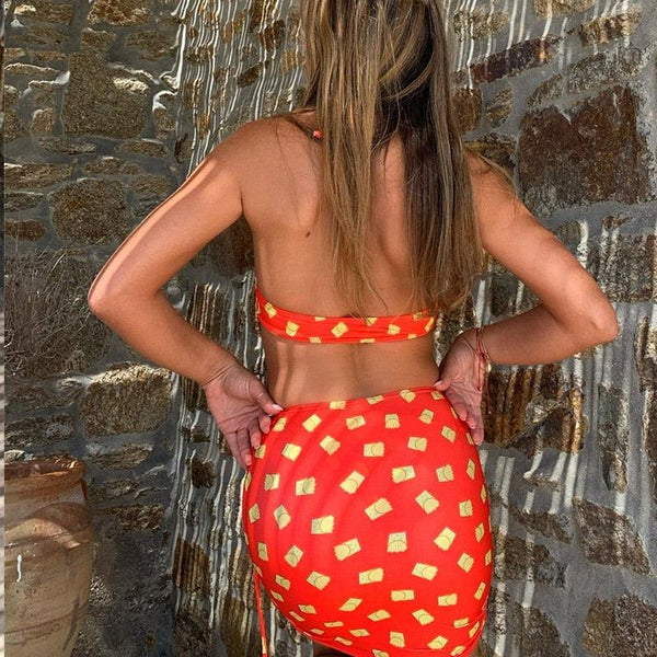 3-Piece Bikinis Suit Halter Polka Dot Swimwear Women Beachwear Women's 3 Piece Bikini Set Swimsuit Cover Ups Sheer Sarongs Beach Wrap Skirt Bathing Suit Swimsuit Female Holiday Beach Skirt Bikini Set