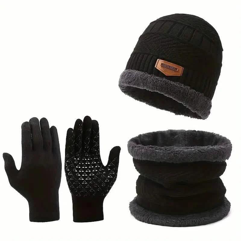 3-Piece Set: Infinity Scarf Autumn Winter, Thickened Warm Knit Beanie and Touchscreen Gloves Neck Gaiter