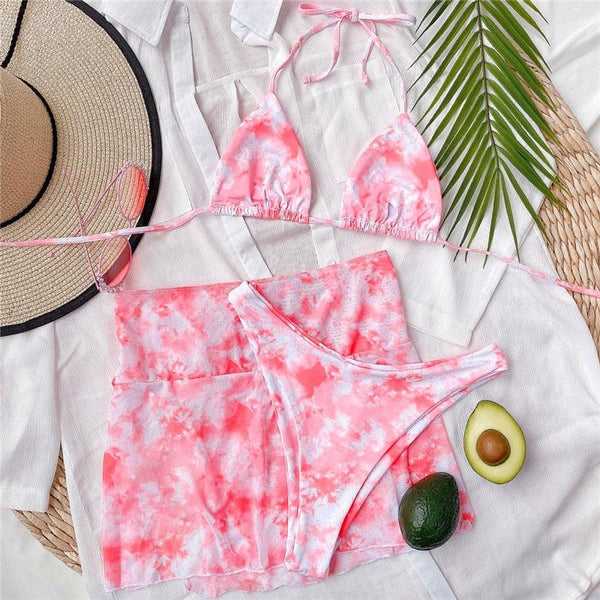 3 Piece Women Bikini Modern Swimsuit Women High Cut  Suit Halter Swimwear Women's Bikini Swimsuits With Wrap Skirt Lace Up Pieces Strings High Cut Bikini Set Bathing Suits Female Triangle Backless Bathing Suit