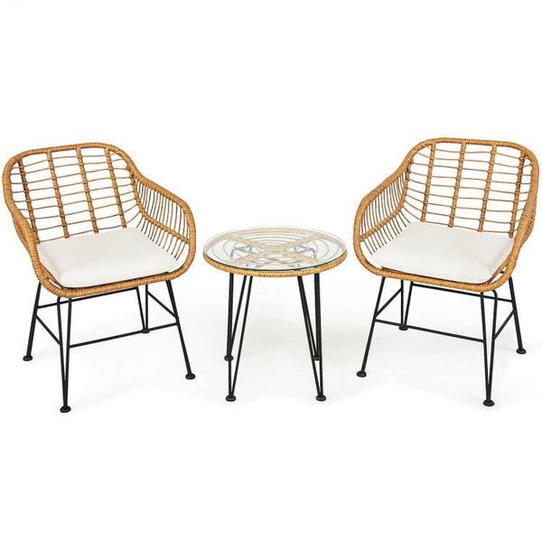 3 Pieces Rattan Furniture Set with Cushioned Chair Table