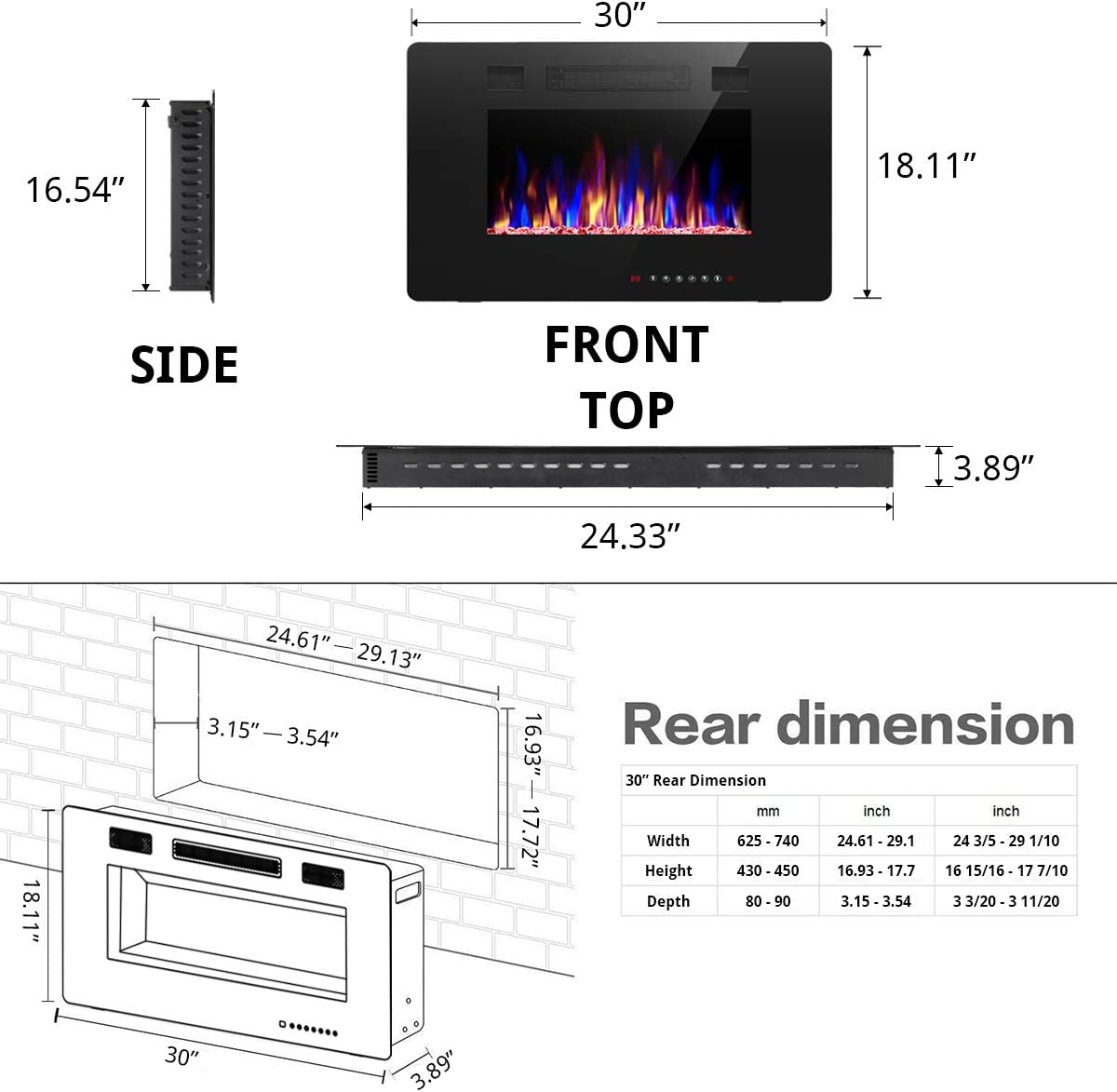 Electric Fireplace Recessed and Wall Mounted,830C3,836C3,842C3,850C3,860C3,868C3 Kismile
