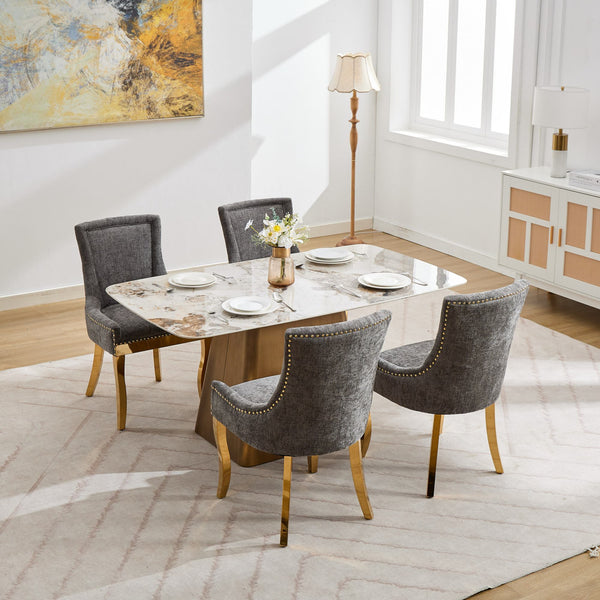 Chenille Dining Chairs Modern Style with Curved Gold-Plated Legs & Rivet Trim