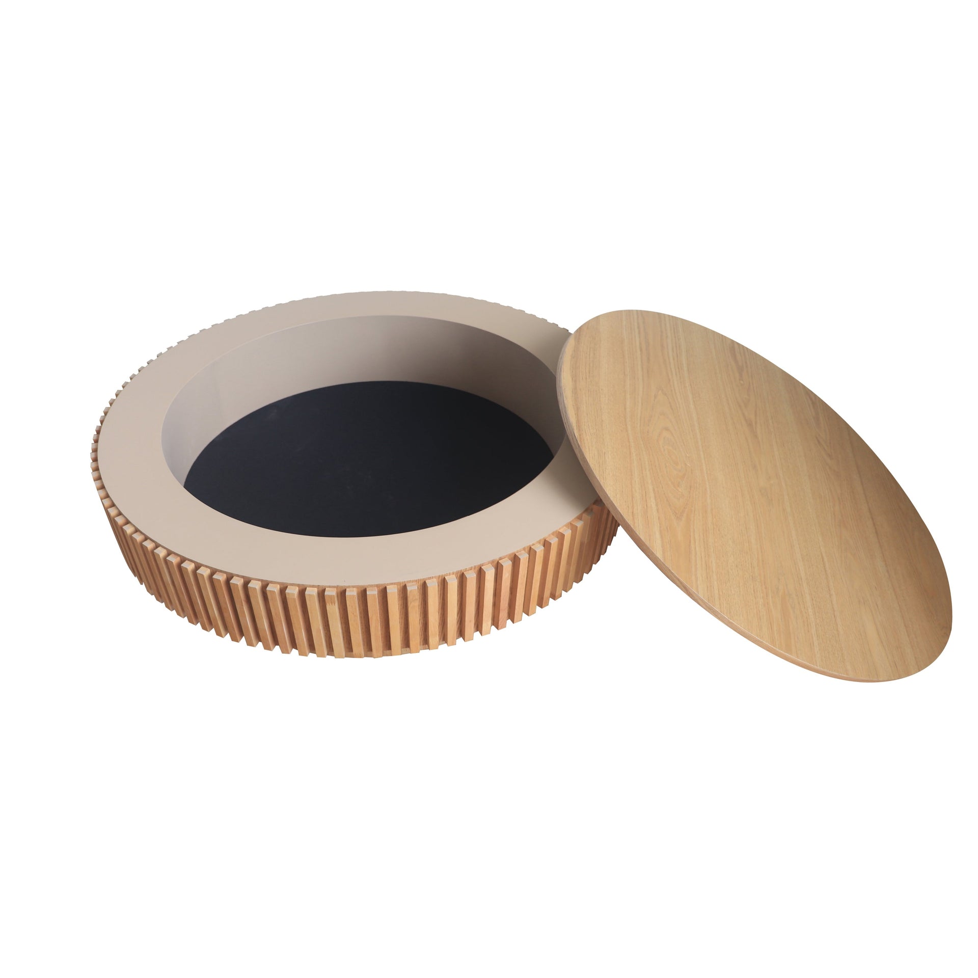 39.37'' Round Coffee Table with Storage Solid Wood Veneered Modern Coffee Table Accent Tea Table for Living Room, Bedroom, Apartment or Office, Natural Wood