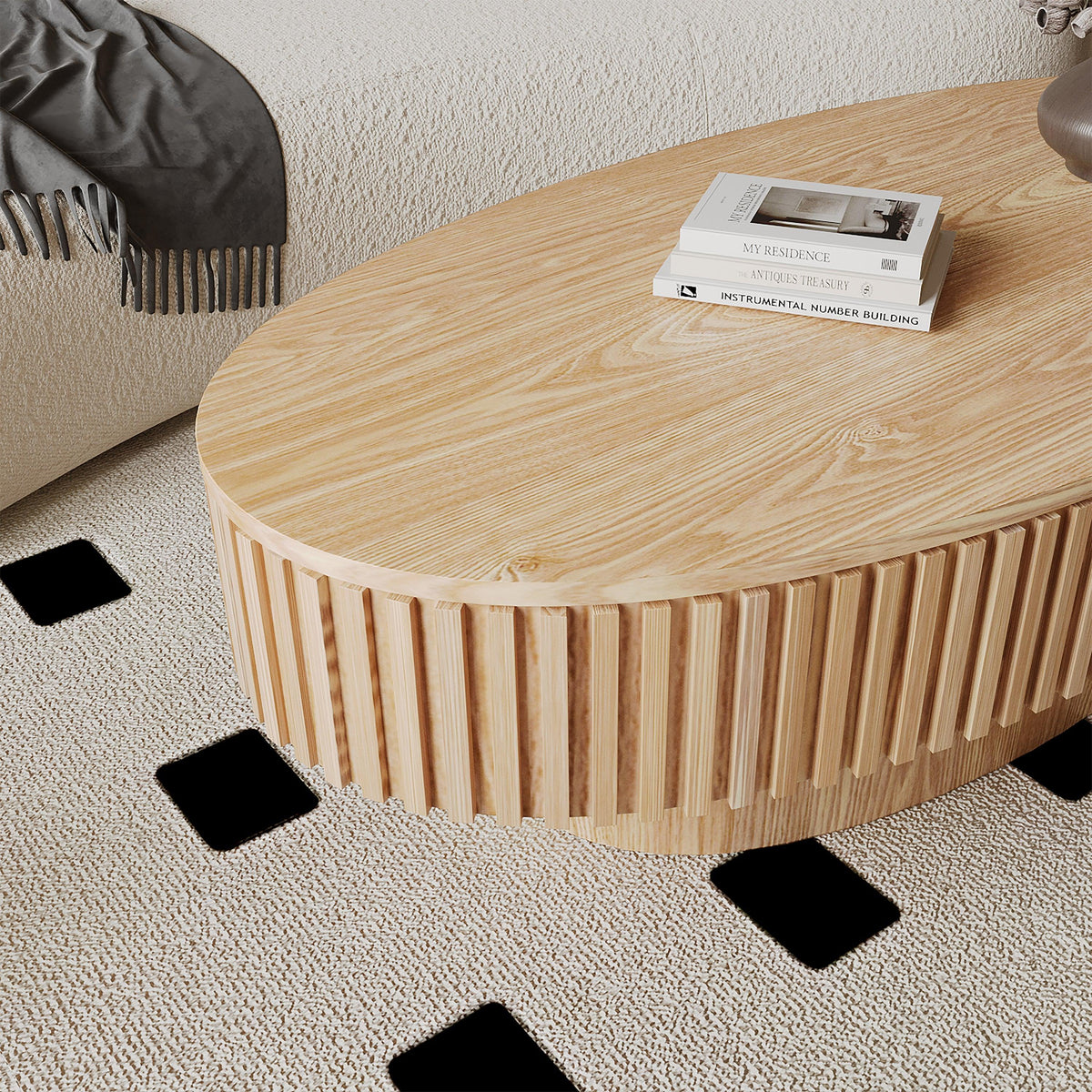 Modern Natural Wood Oval Coffee Table with Hidden Storage