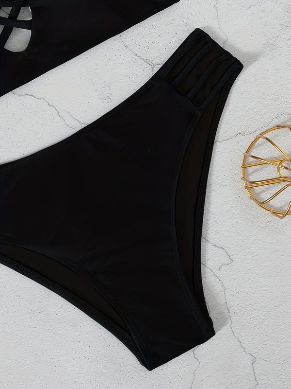Noir Allure Criss Cross Bikini Set for Women – Chic Elegant Hollow Out Design with High Waist Buckle Detail Adjustable Spaghetti Straps & Medium Stretch Nylon – 2-Piece Women's Swimwear for Summer Beach Days & Poolside Glam