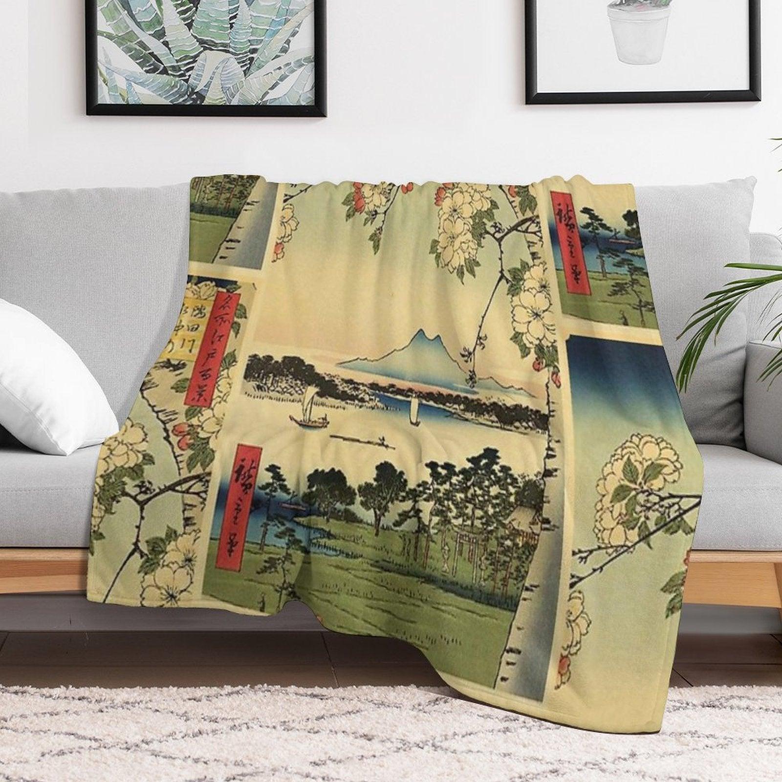 Japanese Print with A Lake And Mountains Throw Blanket