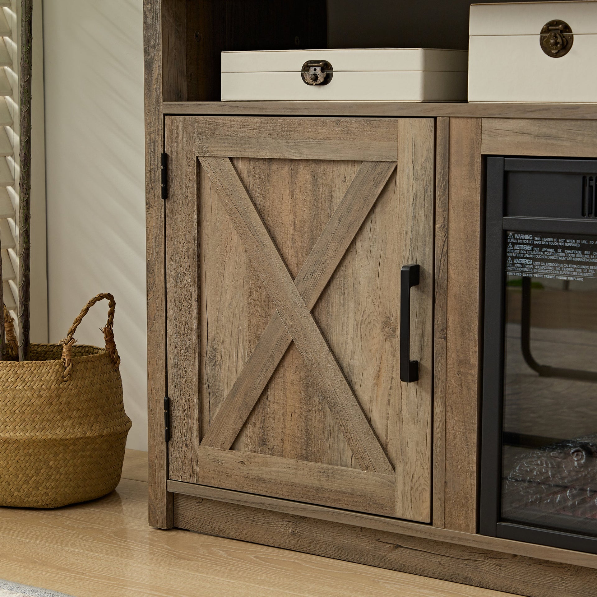 Farmhouse TV Media Stand, Large Barn Inspired Home Entertainment Console, with 18' Fireplace