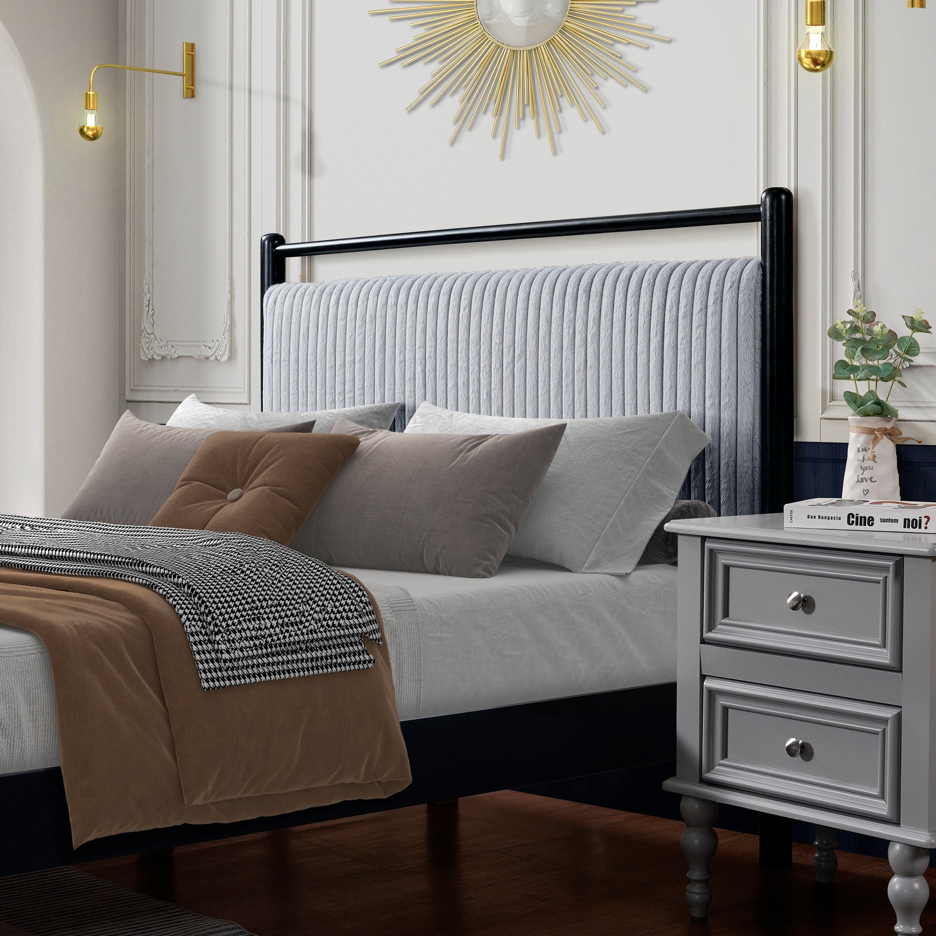 Queen Wood Bed Frame with Fluffy Soft Headboard
