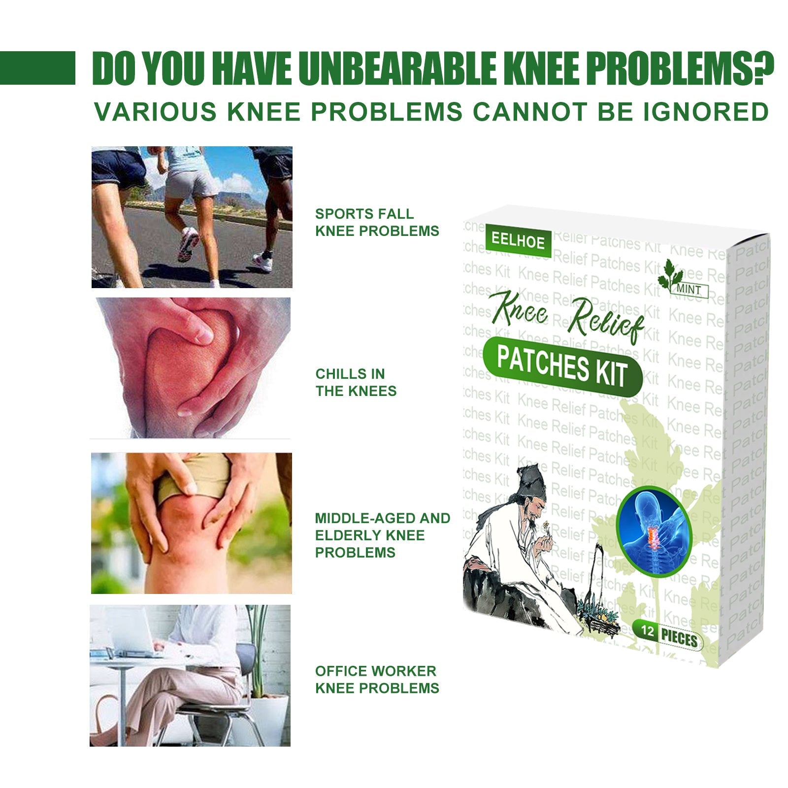 Knee Relief Patches Kit, Maintenance Knee Joint Lumbar Pain Relief Pain Plaster Wormwood Patch