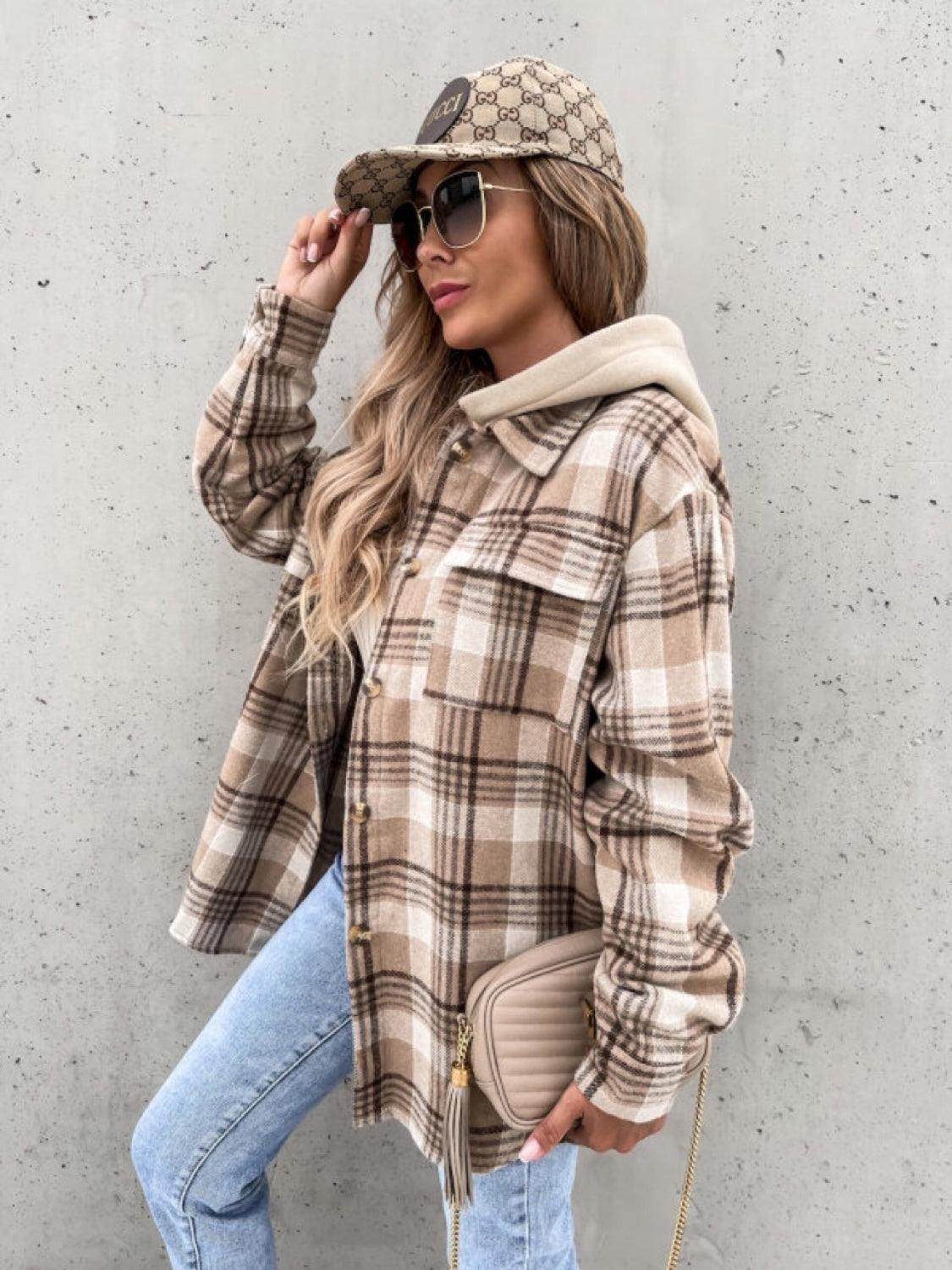 Plaid Dropped Shoulder Hooded Jacket for Casual Style