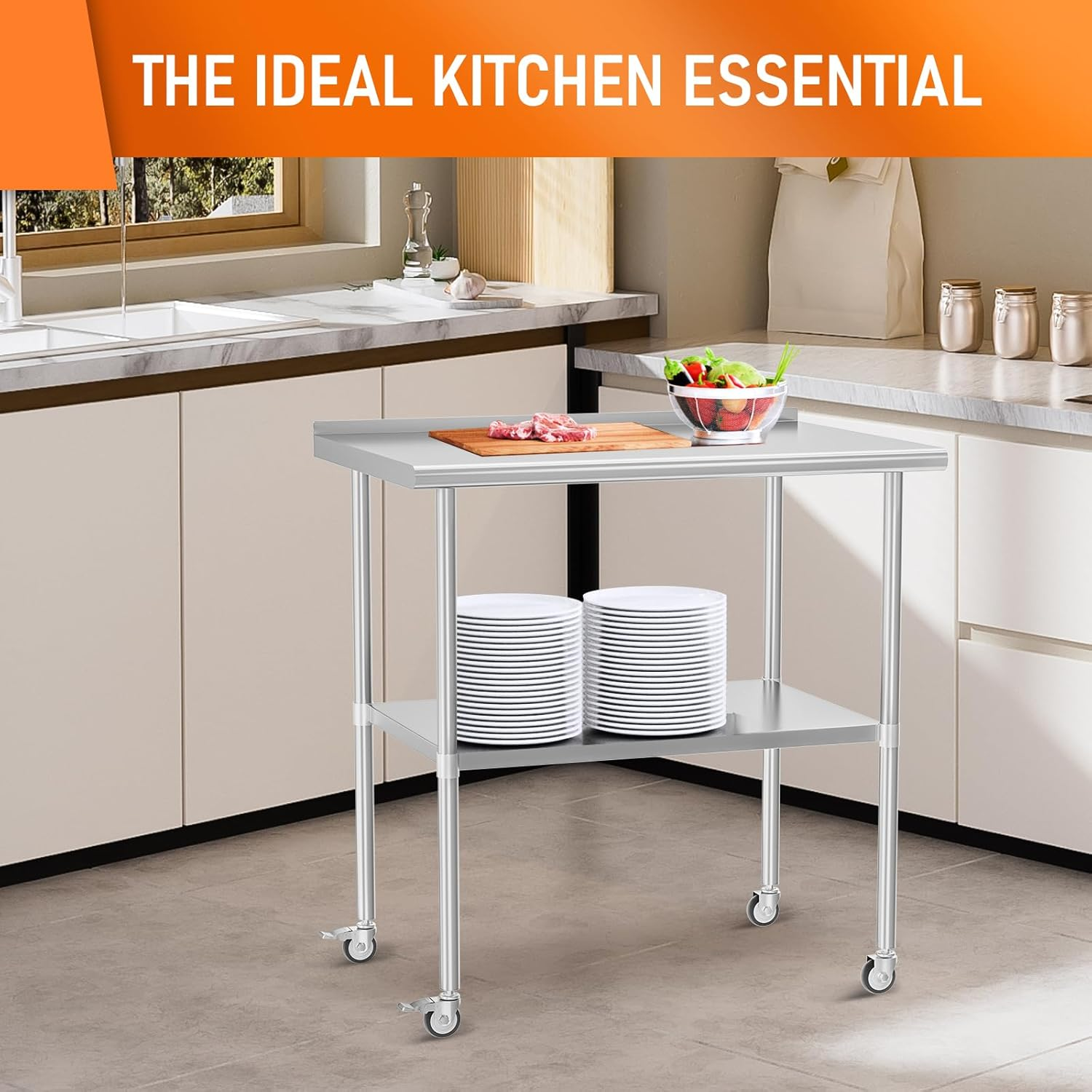 Stainless Steel Table 30 x 36 Inches Metal Prep Table with Adjustable Undershelf Wheels Stainless Table for Commercial Kitchen, Outdoor, Restaurant, Hotel & Garage