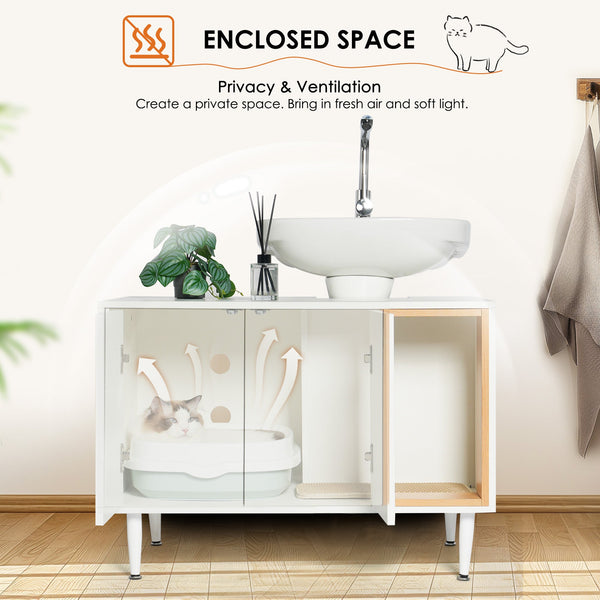 Bathroom sink cabinet, with cat trash can shell, hidden garbage pet bathroom, with partition, wooden cabinet furniture, white