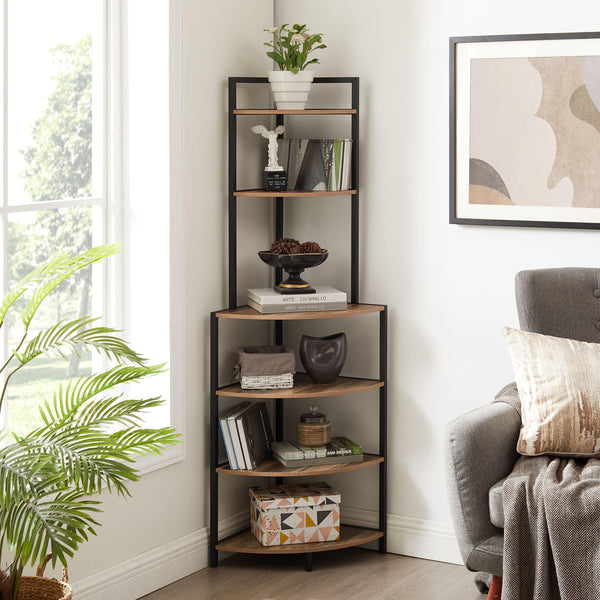6-story corner open bookshelf modern bookshelf wooden frame independent bookshelf unit, country brown