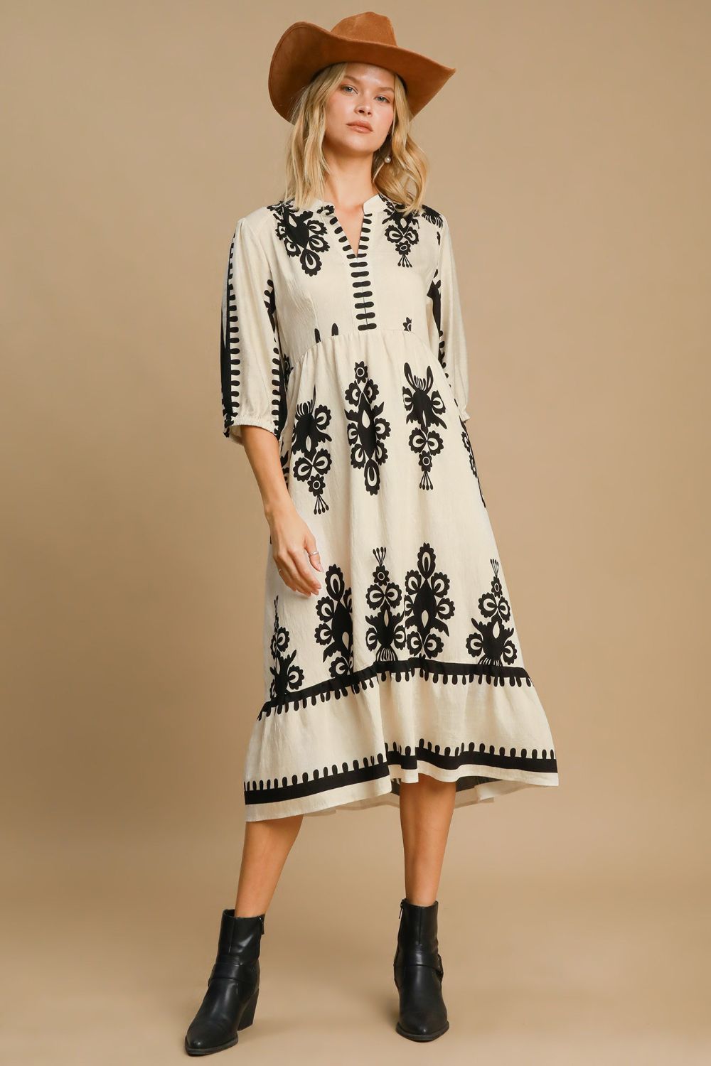 Vintage Cream Printed Midi Dress Timeless & Elegant Dress For Women Classic Design Dress
