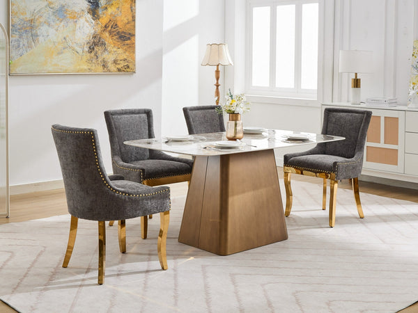 Chenille Dining Chairs Modern Style with Curved Gold-Plated Legs & Rivet Trim