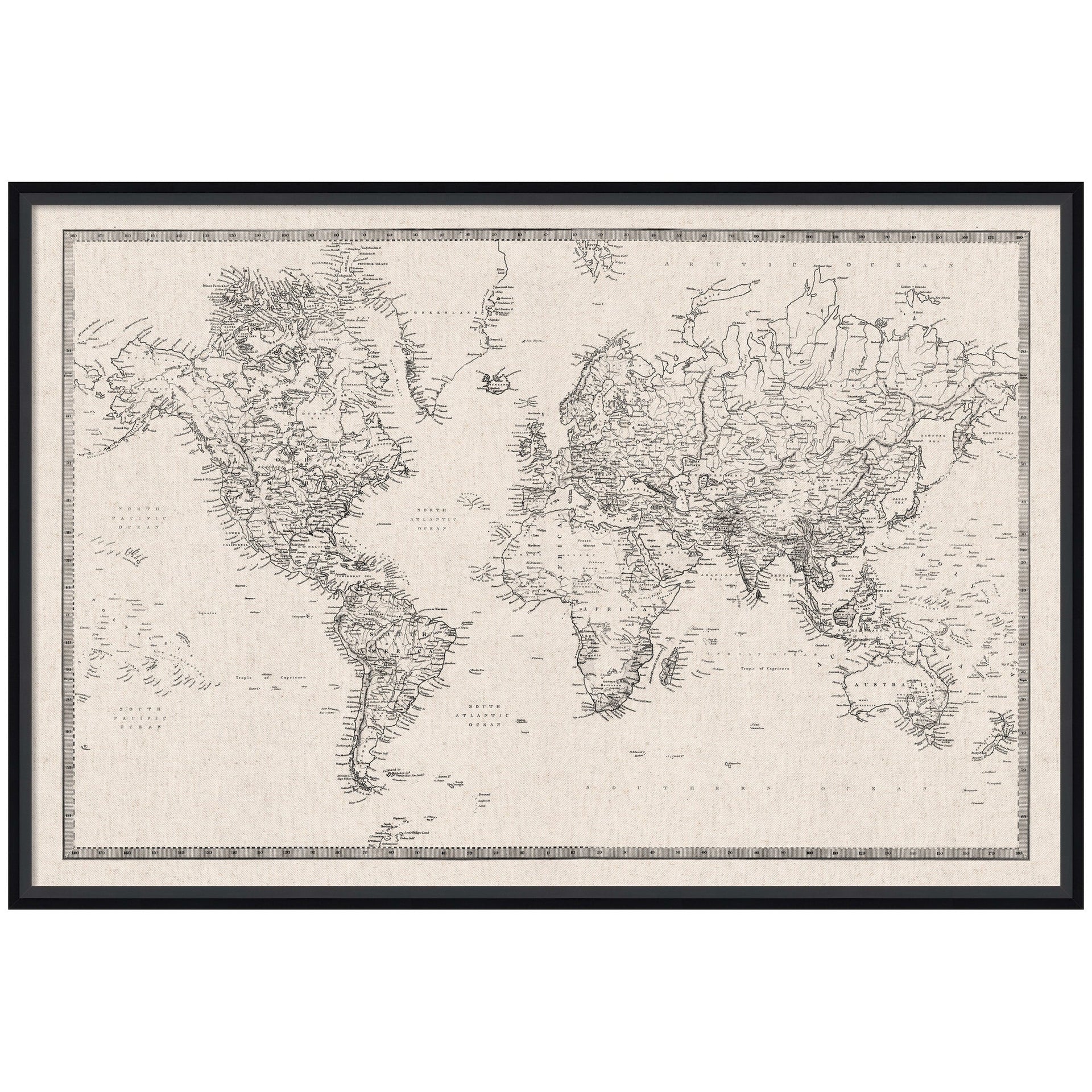 Framed Fabric Pinboard Vintage Black and White Linen World Map Wall Organization