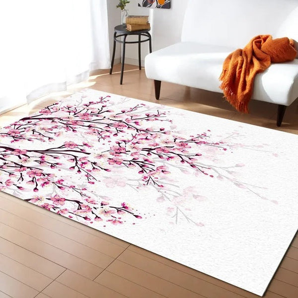 Pastel Cherry Blossom And Crescent Moon Non-Slip Flannel Floor Mat Home Rug Decoration