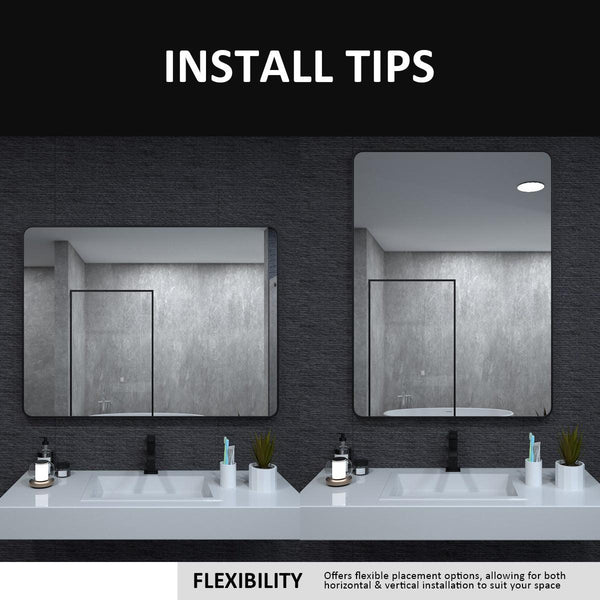 24x36 inch aluminum frame round rectangular bathroom wall mirror, matte black rust proof, tempered glass mirror